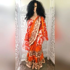 Exotic Silk Orange Multicolor Reversible Wrap Maxi Skirt